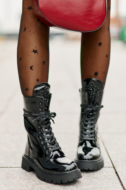 s lakovým efektom zahriať sa Pracovné členkové topánky s ozdobami čierna Kelilea s lakovým efektom zahriať sa Pracovné členkové topánky s ozdobami čierna Kelilea