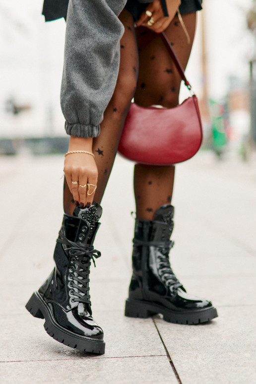 s lakovým efektom zahriať sa Pracovné členkové topánky s ozdobami čierna Kelilea s lakovým efektom zahriať sa Pracovné členkové topánky s ozdobami čierna Kelilea