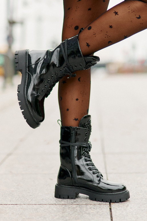 s lakovým efektom zahriať sa Pracovné členkové topánky s ozdobami čierna Kelilea s lakovým efektom zahriať sa Pracovné členkové topánky s ozdobami čierna Kelilea