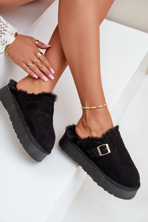 Papuče Dámske Zapnuté hrubej podrážke s kožušinou I s prackami čierna Linneola Papuče Dámske Zapnuté hrubej podrážke s kožušinou I s prackami čierna Linneola