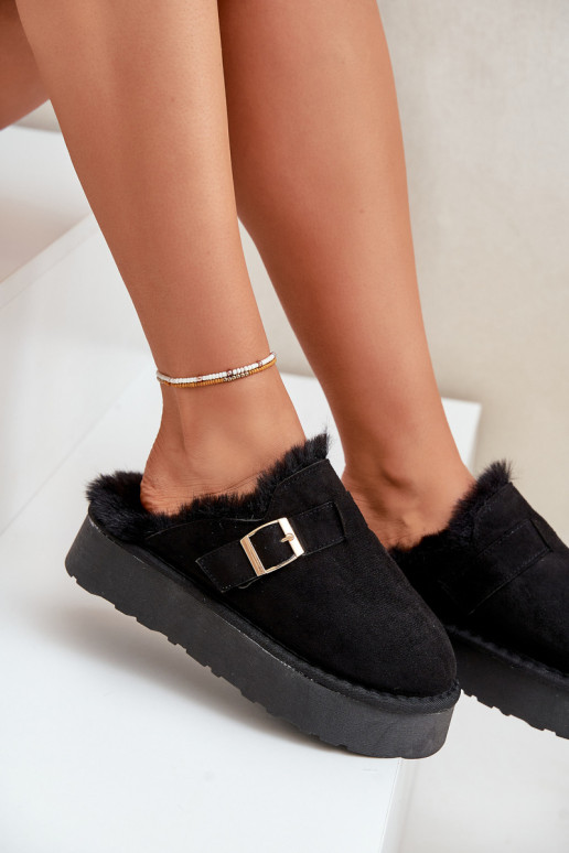Papuče Dámske Zapnuté hrubej podrážke s kožušinou I s prackami čierna Linneola Papuče Dámske Zapnuté hrubej podrážke s kožušinou I s prackami čierna Linneola