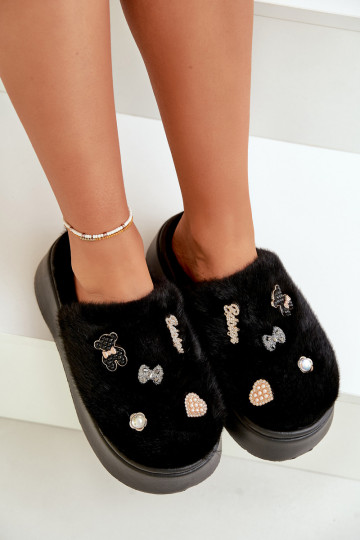 s kožušinou Papuče Dámske Zapnuté hrubej podrážke Z Przypinkami čierna Zintoria