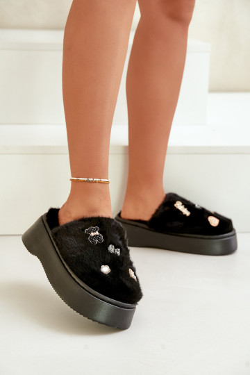 s kožušinou Papuče Dámske Zapnuté hrubej podrážke Z Przypinkami čierna Zintoria 2