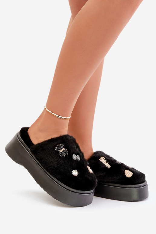 s kožušinou Papuče Dámske Zapnuté hrubej podrážke Z Przypinkami čierna Zintoria s kožušinou Papuče Dámske Zapnuté hrubej podrážke Z Przypinkami čierna Zintoria