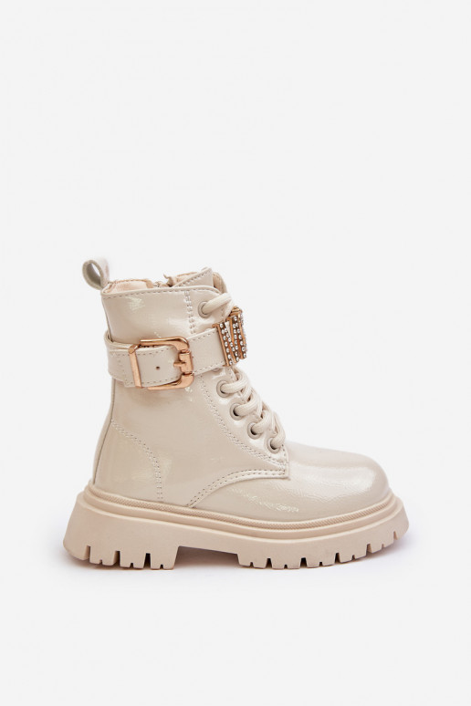 Čižmy deti s lakovým efektom zahriať sa so zdobenými podpätkami béžová Gilian