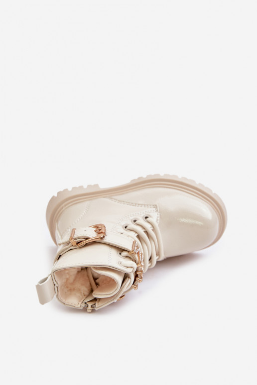 Čižmy deti s lakovým efektom zahriať sa so zdobenými podpätkami béžová Gilian