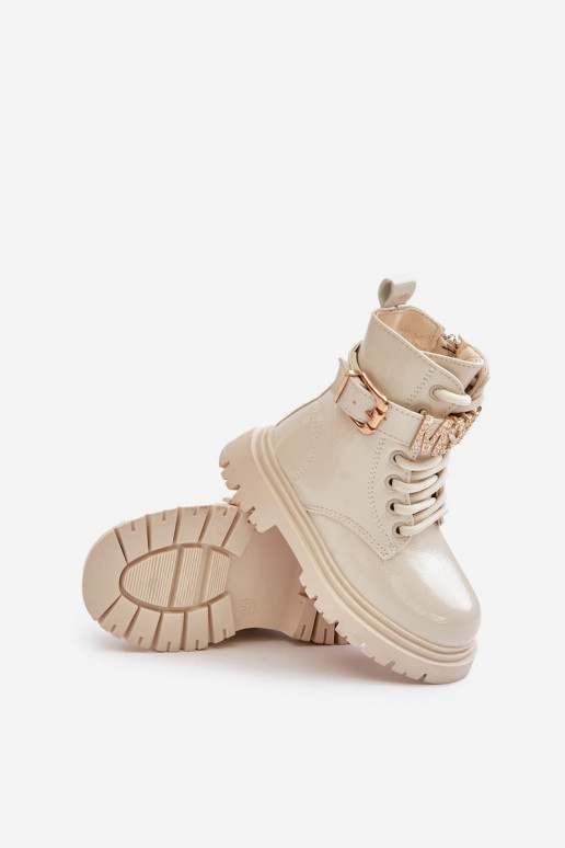 Čižmy deti s lakovým efektom zahriať sa so zdobenými podpätkami béžová Gilian