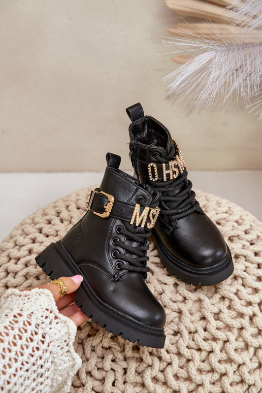 Čižmy deti Eko Kožené zahriať sa so zdobenými podpätkami čierna Gilian