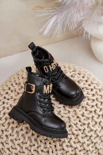 Čižmy deti Eko Kožené zahriať sa so zdobenými podpätkami čierna Gilian 2