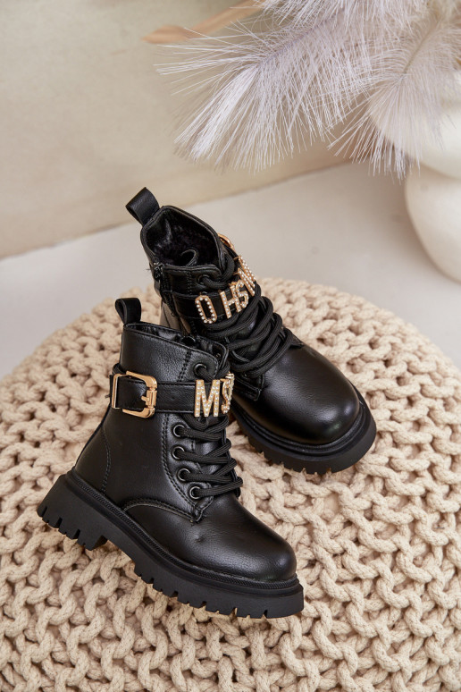 Čižmy deti Eko Kožené zahriať sa so zdobenými podpätkami čierna Gilian