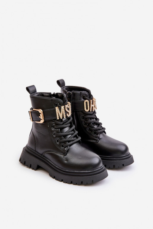 Čižmy deti Eko Kožené zahriať sa so zdobenými podpätkami čierna Gilian