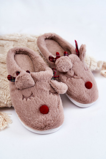 Dámske papuče Christmas s kožušinou s jeleňmi pieskovej farby Clarie 2