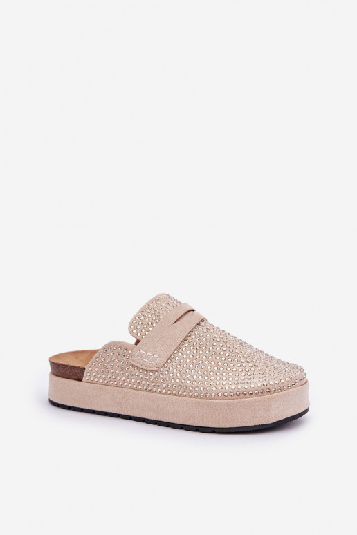 Dámske papuče Zdobené Cyrkoniami s platformou béžová Deorani