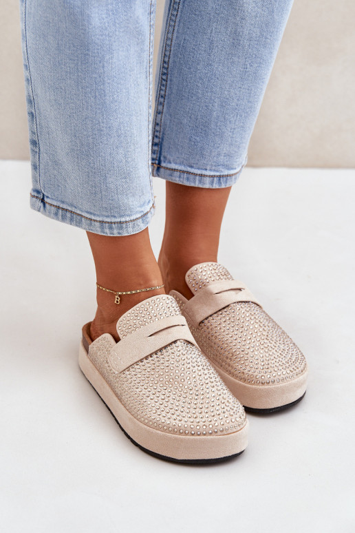 Dámske papuče Zdobené Cyrkoniami s platformou béžová Deorani