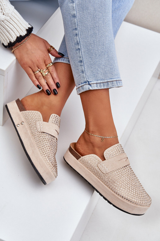 Dámske papuče Zdobené Cyrkoniami s platformou béžová Deorani