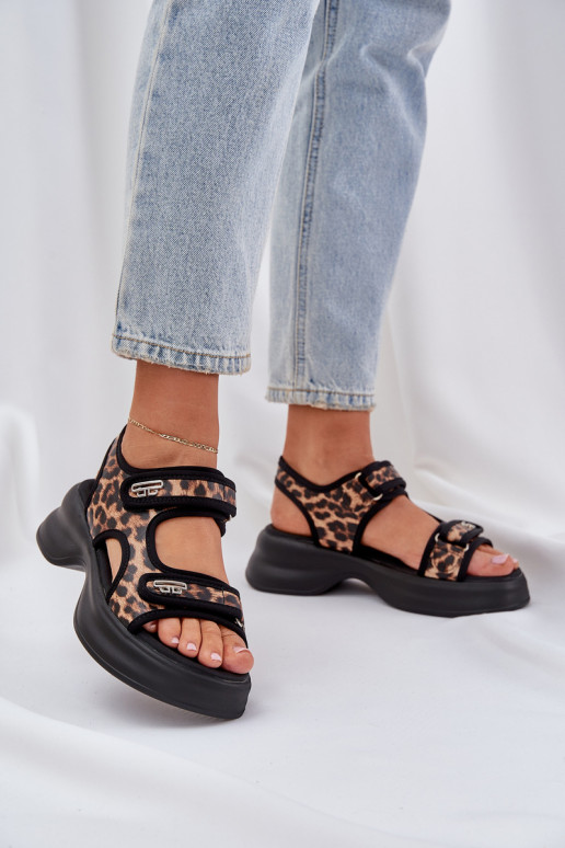 Eko Kožené Ľahké sandále s platformou so vzormi leopardej kožušiny Hnedá farba Deniffia