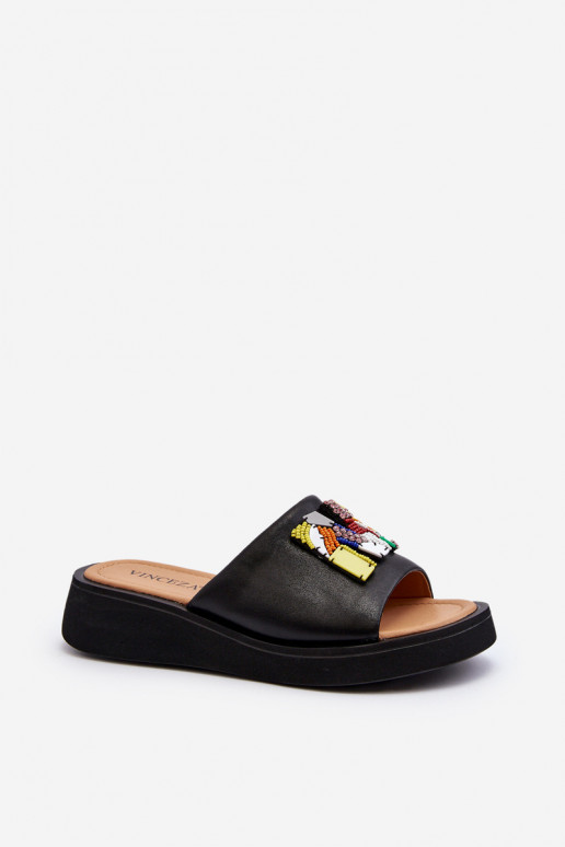 Kožené papuče Dámske s ozdobami čierna Asames