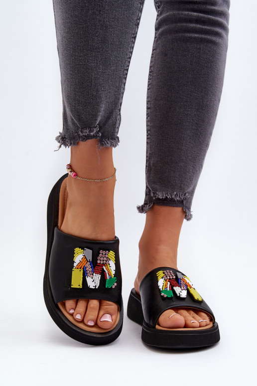 Kožené papuče Dámske s ozdobami čierna Asames