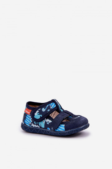 Papuče Milami deti s lepiacimi spojkami IN Dinosaury tmavomodrá Reathiana