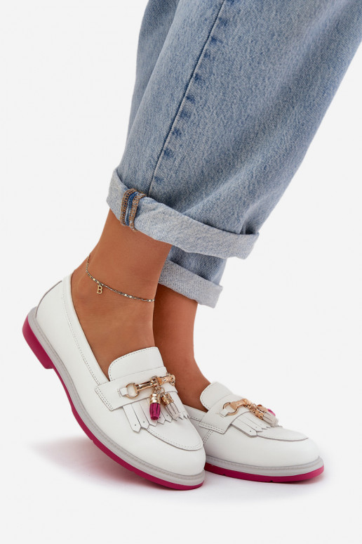 Kožené Elegantný štýl Mokasíny so širokými podpätkami S.Barski LR51-768 biela farba Kožené Elegantný štýl Mokasíny so širokými podpätkami S.Barski LR51-768 biela farba