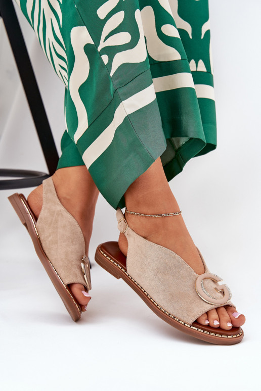 Ploché sandále s ozdobami béžová Haliones