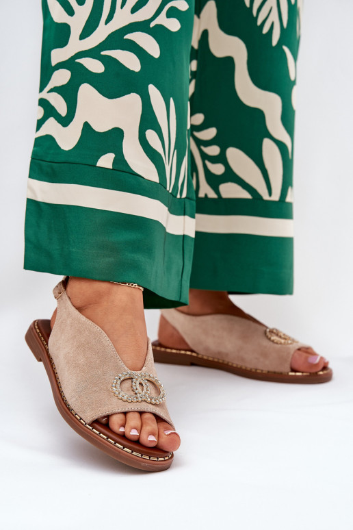 Dámske sandále s ozdobami so širokými podpätkami z eko semišuoIne béžová Ralisses