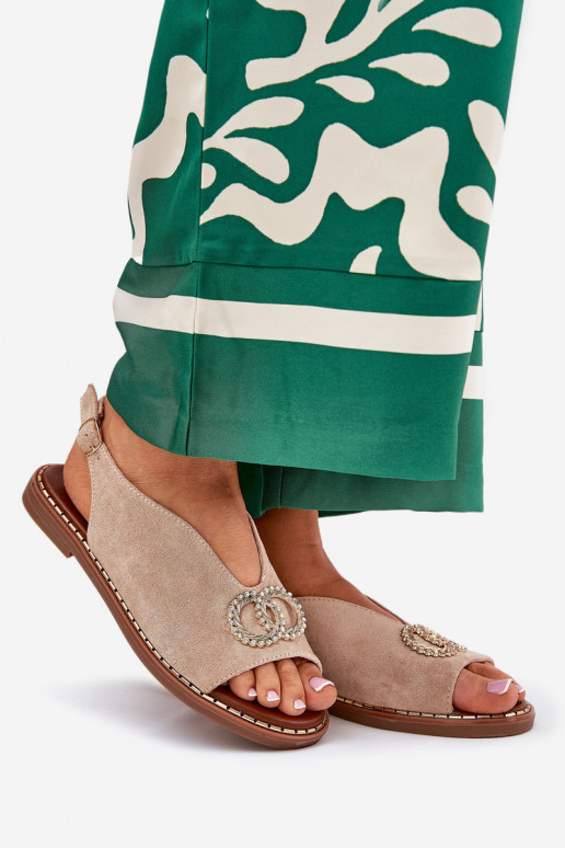 Dámske sandále s ozdobami so širokými podpätkami z eko semišuoIne béžová Ralisses