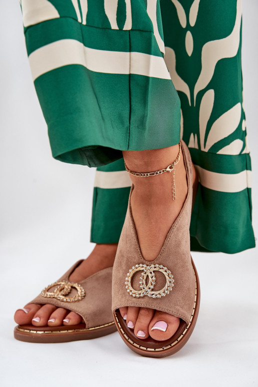 Dámske sandále s ozdobami so širokými podpätkami z eko semišuoIne béžová Ralisses