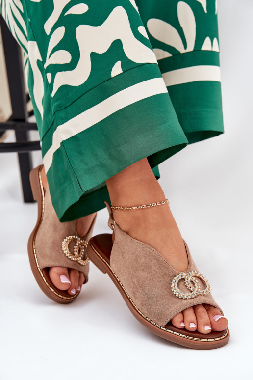 Dámske sandále s ozdobami so širokými podpätkami z eko semišuoIne béžová Ralisses