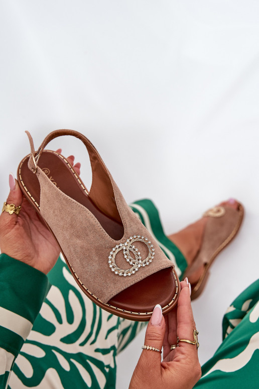 Dámske sandále s ozdobami so širokými podpätkami z eko semišuoIne béžová Ralisses