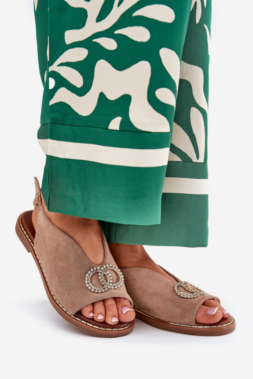 Dámske sandále s ozdobami so širokými podpätkami z eko semišuoIne béžová Ralisses