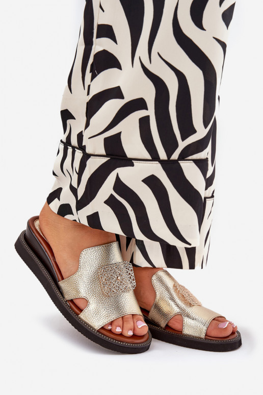 Dámske papuče Zapnuté INedge Eko Kožené s ozdobami zlatej farby Sarela