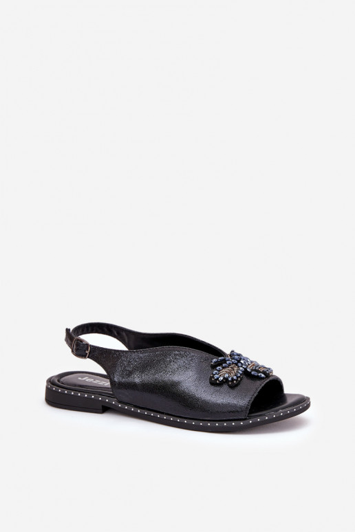 s leskom Dámske sandále s ozdobami rovná sa čierna Russona s leskom Dámske sandále s ozdobami rovná sa čierna Russona