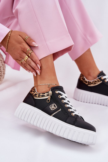 tenisky Dámske s platformou z eko kože so vzormi leopardej kožušiny čierna Velionna