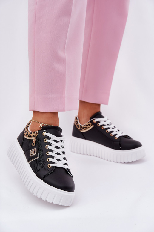 tenisky Dámske s platformou z eko kože so vzormi leopardej kožušiny čierna Velionna