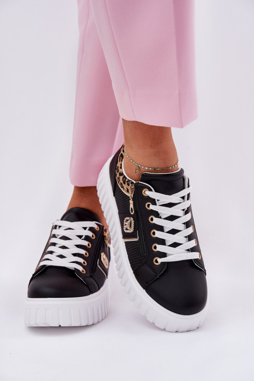 tenisky Dámske s platformou z eko kože so vzormi leopardej kožušiny čierna Velionna