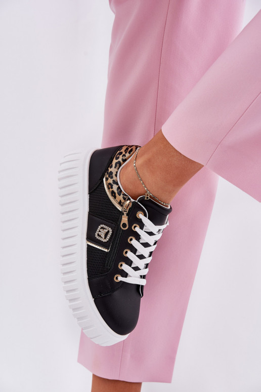 tenisky Dámske s platformou z eko kože so vzormi leopardej kožušiny čierna Velionna
