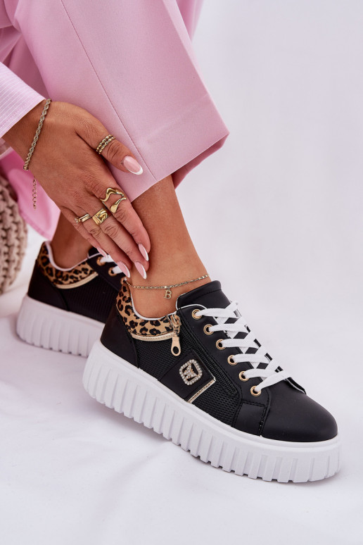 tenisky Dámske s platformou z eko kože so vzormi leopardej kožušiny čierna Velionna