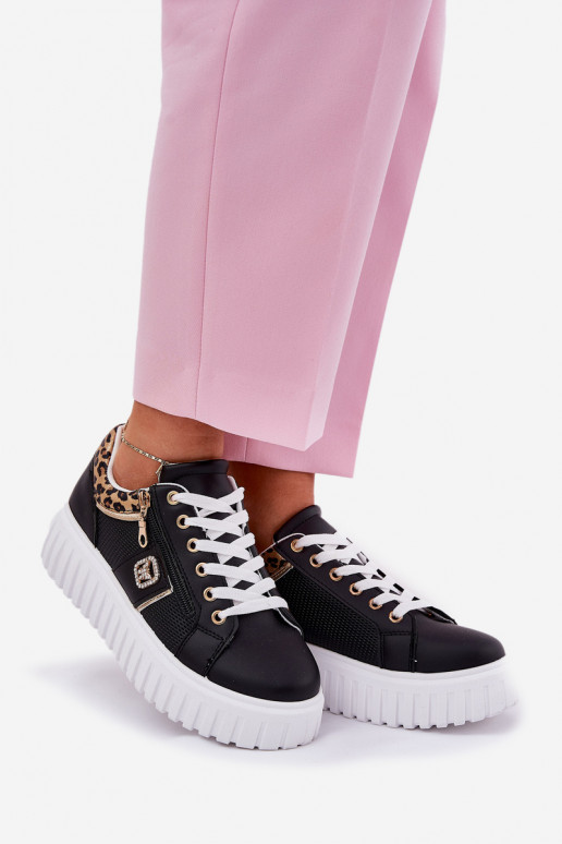 tenisky Dámske s platformou z eko kože so vzormi leopardej kožušiny čierna Velionna