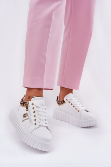 tenisky Dámske s platformou z eko kože so vzormi leopardej kožušiny biela farba Velionna