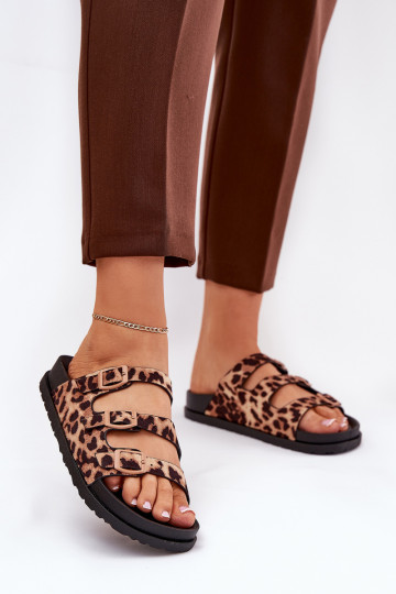 Dámske šľapky so žltými pásmi a prackami s leopardím vzorom hnedej farby Uliri 2