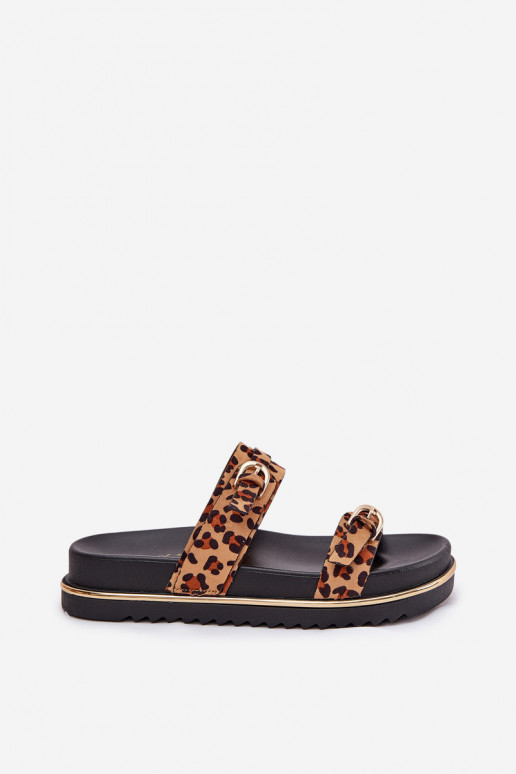 Dámske papuče so vzormi leopardej kožušiny s platformou S pruhmi I s prackamimi Hnedá farba Ziferte Dámske papuče so vzormi leopardej kožušiny s platformou S pruhmi I s prackamimi Hnedá farba Ziferte