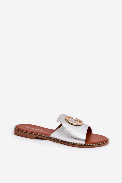 Eko Kožené rovná sa Dámske papuče S Ornatem Detalem strieborná farba Frelie Eko Kožené rovná sa Dámske papuče S Ornatem Detalem strieborná farba Frelie