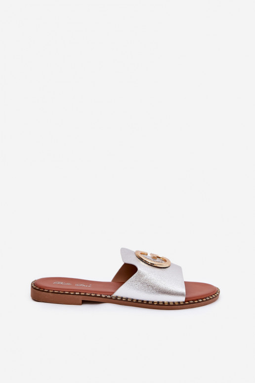 Eko Kožené rovná sa Dámske papuče S Ornatem Detalem strieborná farba Frelie Eko Kožené rovná sa Dámske papuče S Ornatem Detalem strieborná farba Frelie