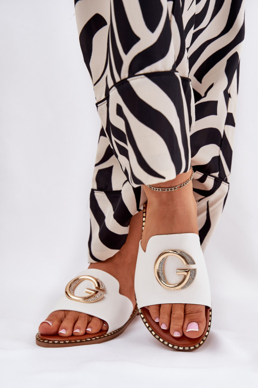 Eko Kožené rovná sa Dámske papuče S Ornatem Detalem biela farba Frelie Eko Kožené rovná sa Dámske papuče S Ornatem Detalem biela farba Frelie