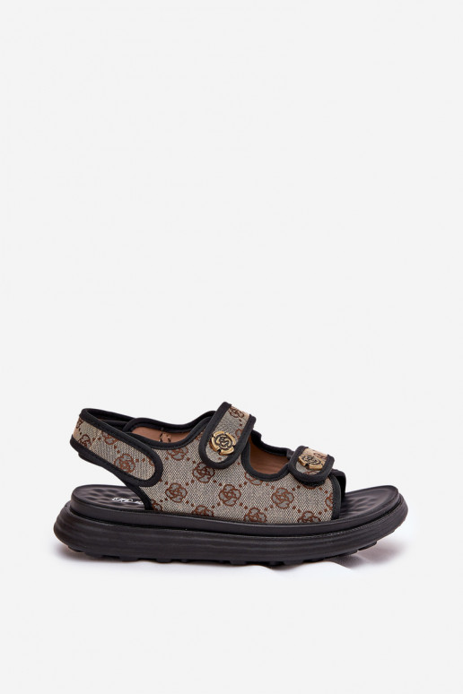 Dámske Vzorované materiál sandále Ze zlatej farbymi Detalami béžová-čierna Pefese Dámske Vzorované materiál sandále Ze zlatej farbymi Detalami béžová-čierna Pefese