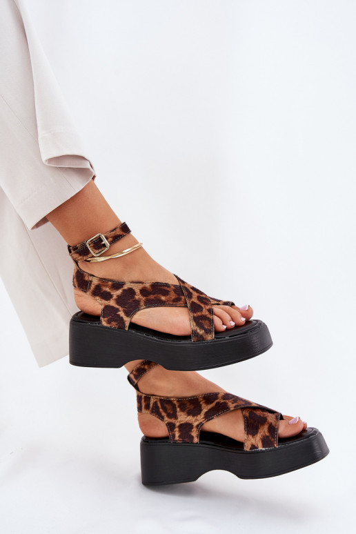 Dámske sandále s platformou I Koturnie so vzormi leopardej kožušiny Hnedá farba Tenzorus Dámske sandále s platformou I Koturnie so vzormi leopardej kožušiny Hnedá farba Tenzorus